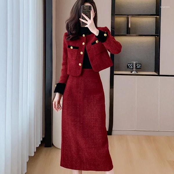 Robes de travail 2023 Femmes Mode Deux Pièces Ensemble Vintage Tweed Blazer Simple Boutonnage Femme Veste Courte Mini Jupe Chic Costume Dames Tenues