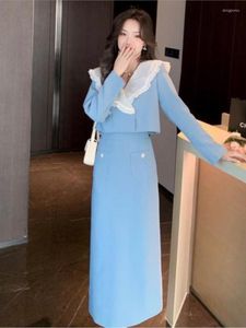 Robes de travail 2023 femmes mode coréenne deux pièces ensembles Vintage volants vestes courtes taille haute jupes Midi bureau dames costumes
