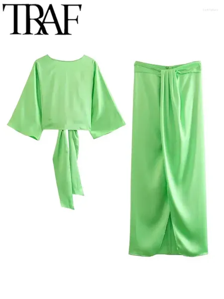 Vestidos de trabajo 2023 Y2k Mujeres Verano Fino Arco Atado Slim Sin respaldo Crop Top Camisa de satén Mujer Hendidura Maxi Faldas Trajes Verde 2 Piezas Conjuntos