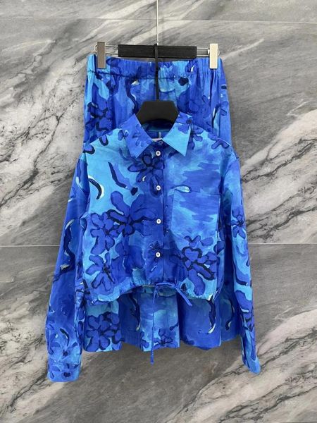 Vestidos de trabajo 2023SS Moda de verano Mujeres de lujo Impresiones Camisa azul Blusa con falda midi Conjuntos Trajes elegantes femeninos Tutu