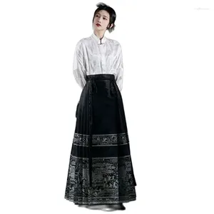 Robes de travail 2024 Automne Style chinois Vêtements féminins Ensemble Noir Blanc Chemises à manches longues Lanterne Taille haute Jupe plissée Twinset Vintage