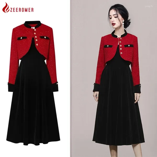 Robes de travail 2024 automne / hiver de haute qualité mode veste en tweed rouge manteau en velours noir robe midi robe midi