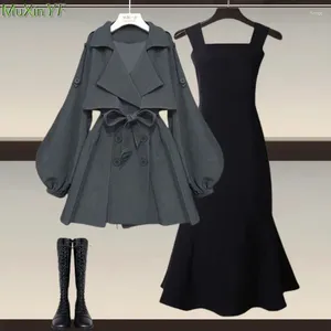 Werkjurken 2024 Herfst vrouwen lange zwarte jassen Mulss jurk 1 of 2 -delige set Koreaanse dame solide taillebelt jassen tank outfits