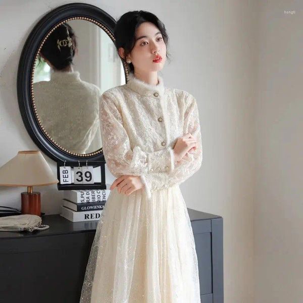 Vestidos de trabajo 2024 traje de estilo chino mujeres encaje de pelo mejorado camisa qipao top malla bordado falda conjunto elegante traje de dos piezas