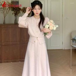 Robes de travail 2024 Tricot d'automne 2 pièces Set coréen Elegant Femmes Sweet Rink O-Leck Lantern Long Manche à manches longues Cardigan Toule élastique