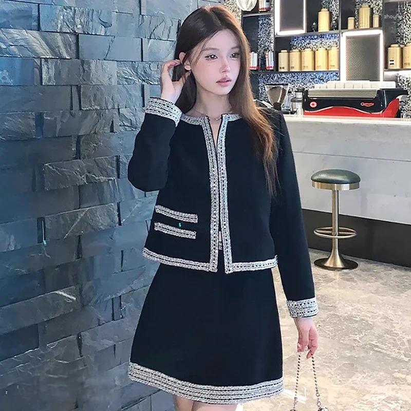 Work Dresses 2024 Fall Winter Office Women Skirt Suit Long Sleeve Embroidered Flares Jacket A-line Mini Formal Black Two Piece Set