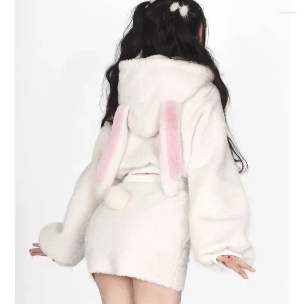 Robes de travail 2024 manteau à capuche avec oreilles moelleuses pour femmes Y2k e-girl taille haute moulante jupes fendues hiver épais chaud deux pièces ensembles