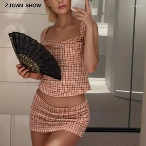 Werkjurken 2024 Sexy roze plaid slash kraag crop top dames hoge taille pakket heupen mini rok pakken 2 stuks 1 set