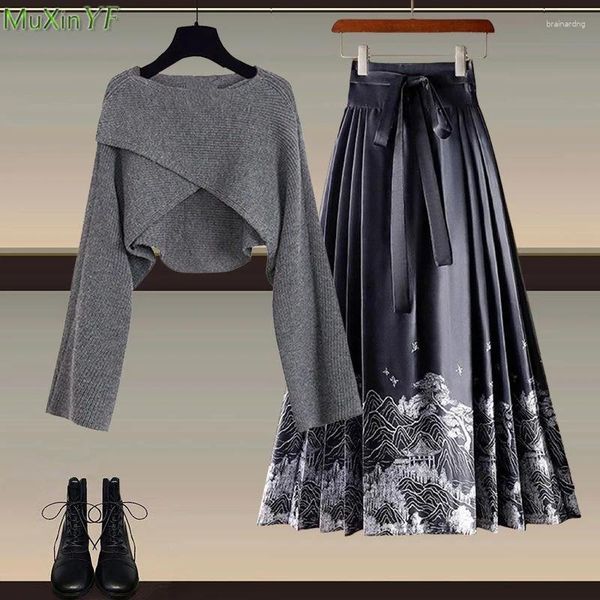 Vestidos de trabajo 2024 Spring Autumn Style China Ropa vintage Faldas de estampado elegante Tops de punto 1 o dos piezas Swinter Swinter Falda