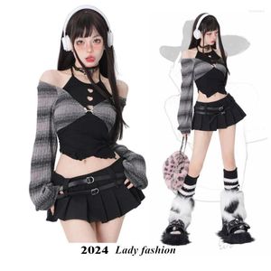 Werk Jurken 2024 Lente Herfst Twee Stukken Rok Set Vrouwen Y2k Crop Tops T-shirt Korte Japanse Kawaii Mode Pakken Chic koreaanse