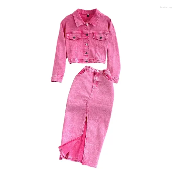 Vestidos de trabajo 2024 Spring Autumn Women Rose Red Denim Falda Suits Turndown Collar Chaqueta corta y Sexy Split Long Skirts Set de dos piezas