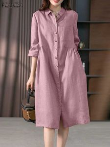 Robes de travail 2024 Robe de chemise causale printanier Femmes à manches longues Robes solides Zanzea Fashion Neck Neck Midi Vestidos Holiday Holiday Sommand Oversize Z240603