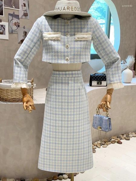 Robes de travail 2024 printemps élégant Plaid Tweed bureau dame ensemble femmes veste courte manteau taille haute mince jupe longue/courte 2 pièces costume