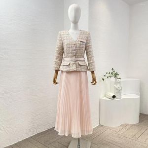 Werkjurken 2024 Spring topkwaliteit roze gordel lovertjes lovertjes sparkle tweed geplooide chiffon midi dames elegante jurk