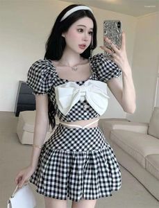 Werk Jurken 2024 Stijl Koreaanse Leuke Meisje Plaid Puffy Mouw Cropped Top Hoge Taille Vrouwelijke A-lijn Plooirok Zoete Vrouwen tweedelige Set