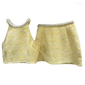 Werkjurken 2024 Zomer klassieke stijl parel kralen kraag camisole tweed rok outfit tweedelig sets voor vrouwen