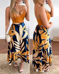 Werk Jurken 2024 Zomer Mode Toevallige Half-body Rok Tweedelige Set Sexy V-hals Halter Top Tropische Plant print