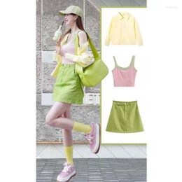 Robes de travail 2024 Summer coréen élégant Suncreen Shirt Vest Jupe courte trois pièces Femmes Cardigan décontracté Robe Top Matching Set