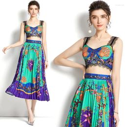 Vestidos de trabajo 2024 Trajes de verano Marca de moda Desinger Faldas de dos piezas para mujer Conjuntos Boho Print Sexy Lace Top recortado y falda larga plisada