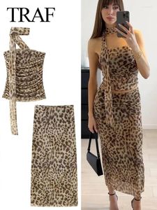Robes de travail 2024 Summer Women's Sets Tulle Halterneck Pleas Leopard Print Tube Top A-Line Chic Wild Streetwear Female Long Jupe