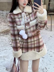 Robes de travail 2024 hiver vêtements d'extérieur veste à carreaux manteau costume femme chaud décontracté kawaii élégant mince mini jupe mode coréenne 2 pièces ensemble