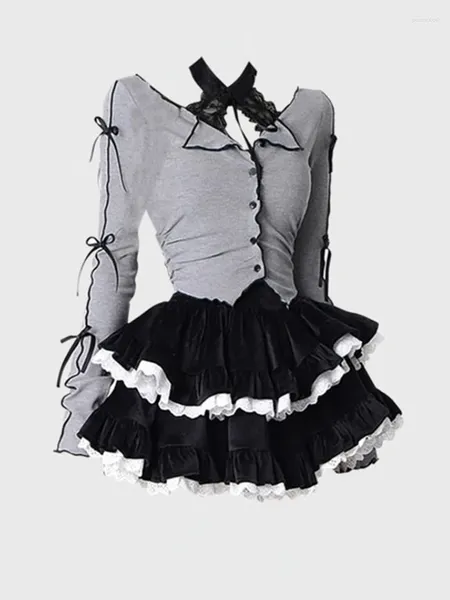 Robes de travail 2024 Femmes Dark Academia Dentelle Halter Top Gyaru Coquette Fille Crop Kpop T-Shirts Ballet Core 2000s Sexy Goth Coréen Chic