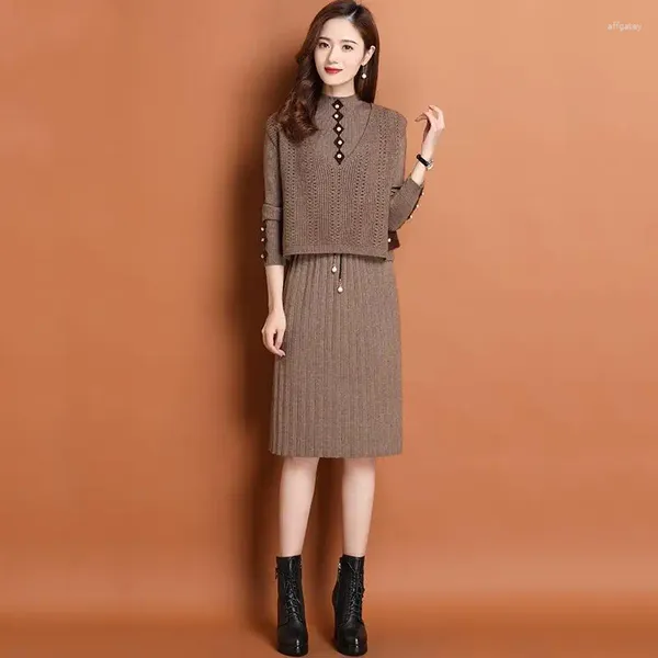 Vestidos de trabajo 2024 Mujeres Primavera Otoño Elegante Punto Conjuntos de 2 piezas Chaleco casual femenino y vestido de suéter de punto largo Trajes de mujer U367