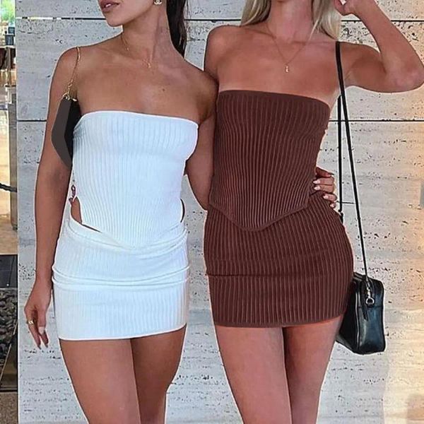 Vestidos de trabajo 2pcs/apagado de los hombros para mujeres del tubo del tubo del tubo del traje de falda sin mangas sin tejido elástica de la elástica rayada de la elástica