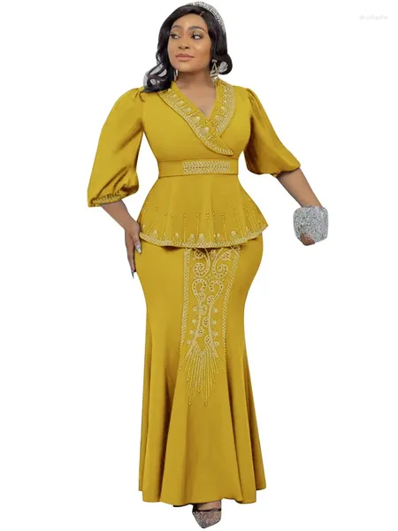 Robes de travail 3XL Plus Taille Femmes Robe Ensembles Tops Jupe Costume 2024 Élégant Mariage Africain Robe De Soirée À Volants Manches Moulantes Jupes