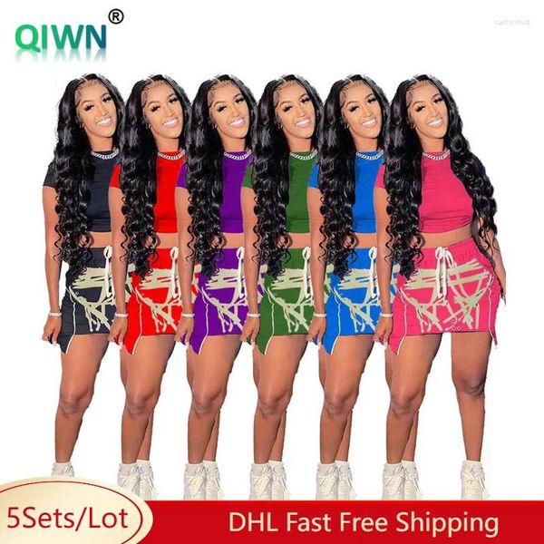 Vestidos de trabajo 5Set Bulk Vestido al por mayor Set Women Solid Manga corta Cortada Tops de estampado Skirt 2 Piece Femenino Sexy Casual Faitfit