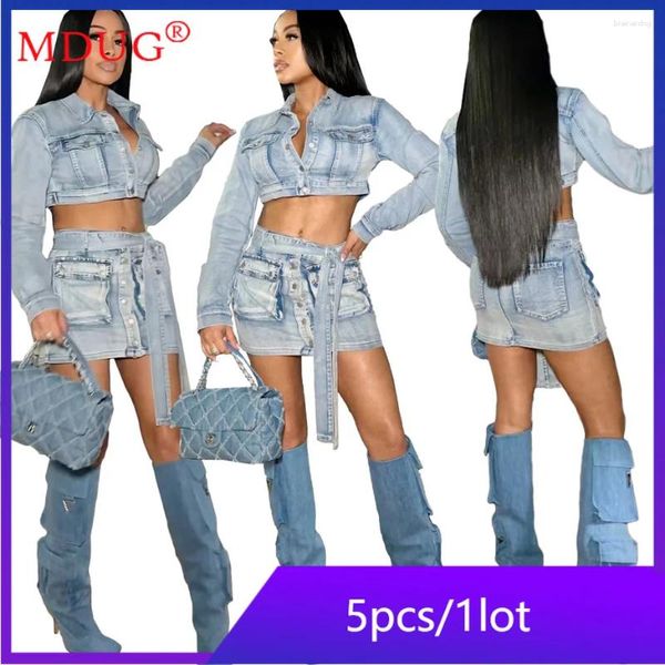 Robes de travail 5sets en gros denim en deux pièces de robe sets femmes 2024 à manches longues jupes tenues de poche