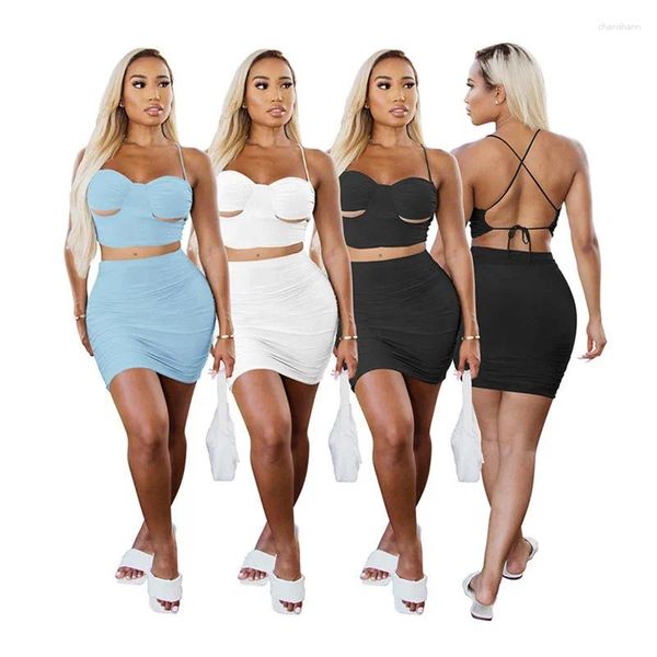 Vestidos de trabajo 5sets Venta al por mayor de mujeres ahuecan hacia fuera los trajes atractivos rasgados sin respaldo Crop Tops Faldas Clubwear Summer Vendaje Vestido de 2 piezas 7043