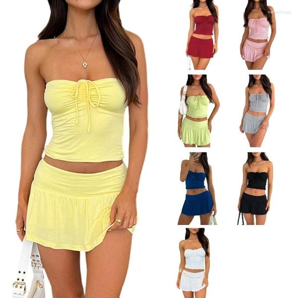 Robes de travail 95AB Femmes Été Bustier Dos Nu Halter Ruché Crop Top Et Plissé À Volants Mini Jupe Ensemble Sexy Moulante Couleur Unie Tenue