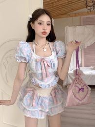 Robes de travail ADAgirl Kawaii Bow chemise à manches bouffantes hauts doux taille haute jupe à gâteau 2 pièces ensembles été Y2k mince vêtements esthétiques pour les femmes