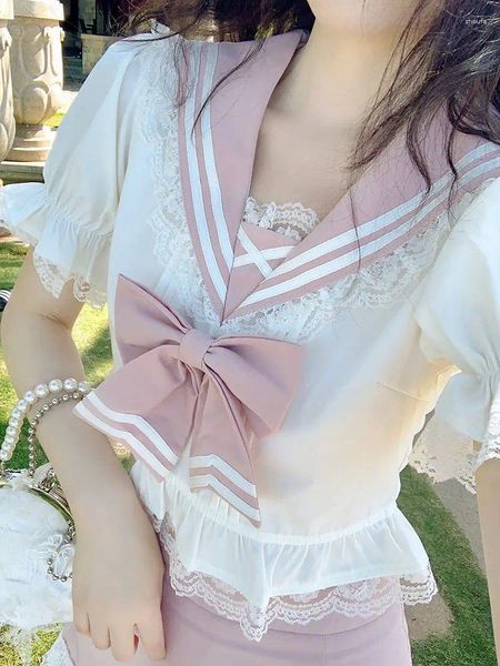 Vestidos de trabajo Adagirl White Navy Sailor Blouse Bloquea Sweet Bow Top Posque de encaje rosa Y2K Mini falda Kawaii Sets de dos piezas Experidtos para mujeres