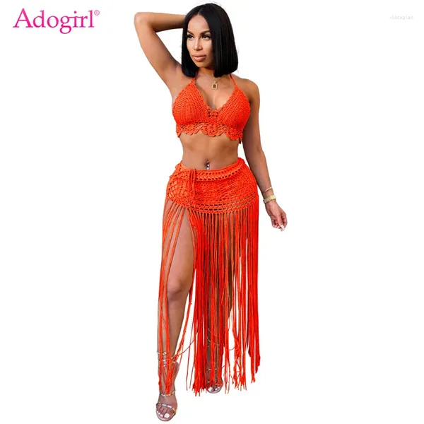 Robes de travail Adogirl Femmes Main Crochet Plage Deux Pièces Ensemble Robe À Lacets Halter Soutien-Gorge Top Gland Maxi Jupe Casual Vocation Costume Maillots De Bain