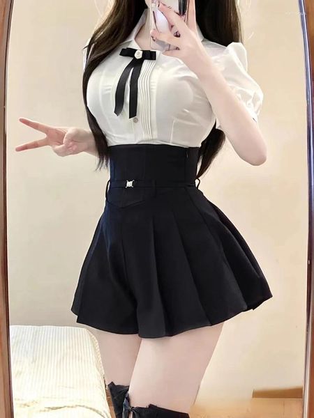 Robes de travail Esthétique Costume élégant Femme Manches courtes Chemisier blanc Taille haute Short Slim Kawaii Mode coréenne Ensemble Vêtements 2024 Été