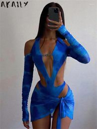 Vestidos de trabajo Akaily Sexy Blue Manga larga Malla 2 Faldas de dos piezas Conjunto Trajes de club para mujeres 2023 Verano Hollow Out Ver a través de Body