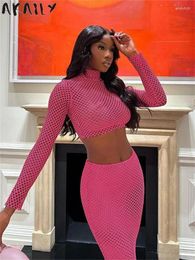 Robes de travail akaily sexy rosered Hollow Out Two Piece Sets Party Club Tenues Forwomen 2024 Spring Long Mancheve Sheer Crop Top Jirt