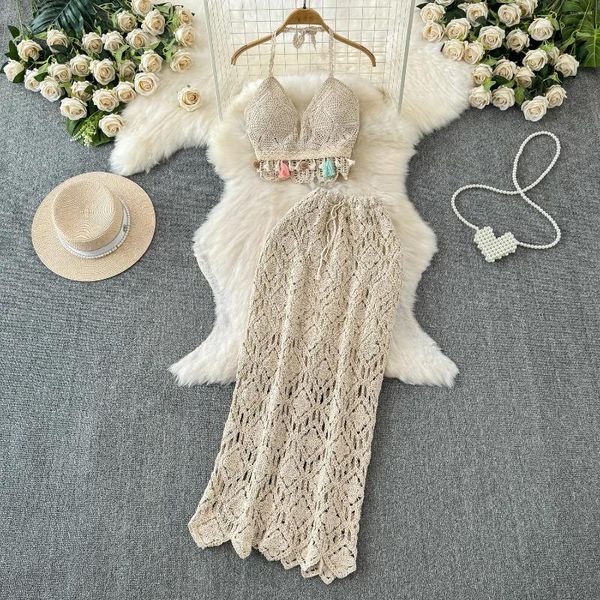 Robes de travail alphalmoda 2024 Holiday Pichet Crochet Vest High Waist Pattern Jirt 2pcs Suit Women Beach Casual Set