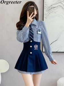 Werkjurken American Vintage Striped College Style Two -Piece Dress Sets Women Long Sleeve Tie Shirt High Taille Geplooide rok