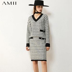 Werkjurken amii minimalisme herfst winterpak vrouwelijke mode vneck plaid gebreide trui hoge taille aline rok vrouw 12040972