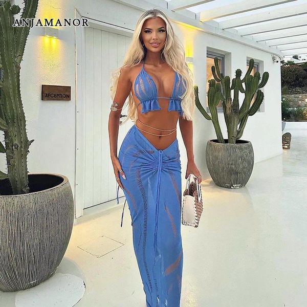 Robes de travail Anjamanor Sexy Hollow Knit 2 Piece Set Over Back Halter Top Trawstring Long Jupe Vacation Tenues d'été pour femme 2024