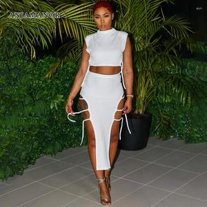 Werkjurken Anjamanor Side Hollow Lace Up Two Piece Set Dames Outfit 2024 Zomer Jurk Sexy Club Wear White Suits voor D85-EI24