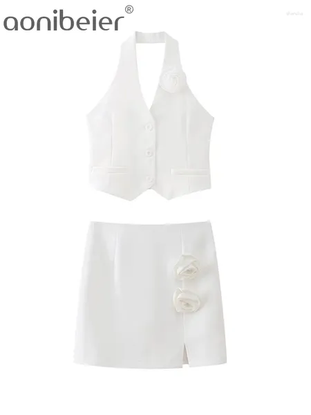 Robes de travail aonibeier y2k blanc 3d fleur halter crop top women cosit 2024 suce sans manches v cou chars mince