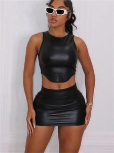 Werkjurken Aualay Summer Black Pu Leather 2 Tweedelig roksets Nachtclub Outfits voor vrouwen 2024 Mouwloze bodycon crop tops