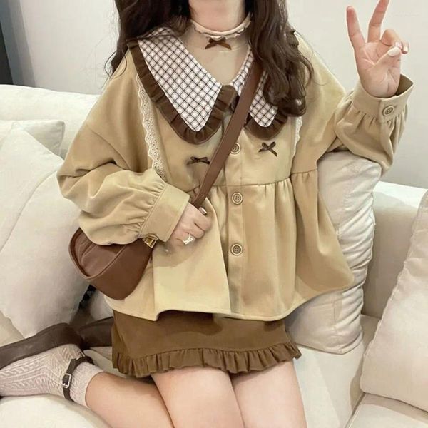 Vestidos de trabajo, conjunto de otoño e invierno para estudiantes, chica coreana japonesa, cuello de muñeca, costura, abrigo de encaje, falda de dos piezas