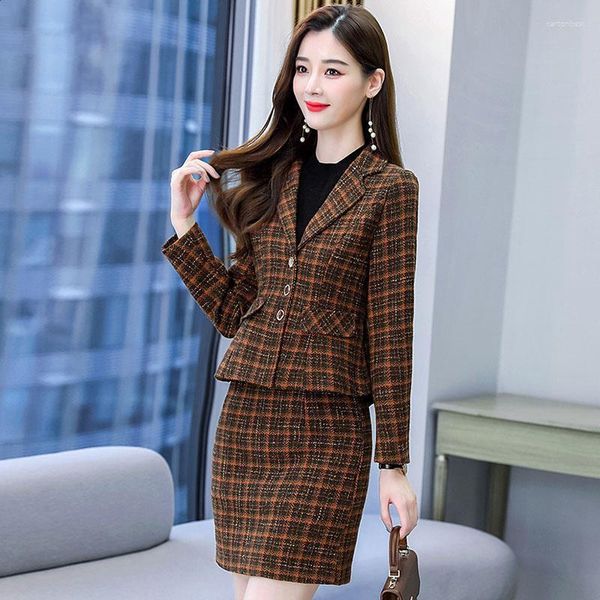 Robes de travail automne et hiver deux pièces à carreaux Tweed costume de mode femme 2023 dames tempérament était plus mince manteau court jupe de hanche