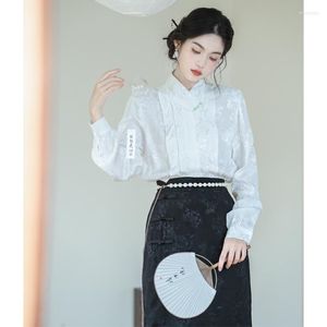 Robes de travail automne vêtements pour femmes Vintage chinoises deux pièces tenues blanc Jacquard Satin Blouse haut jupe noire Sexy élégant ensemble