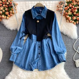 Werkjurken herfst denim shirt rok sjaalvest pakken dames lange mouw met één borte jean jurk onregelmatige zwarte 2-delige sets